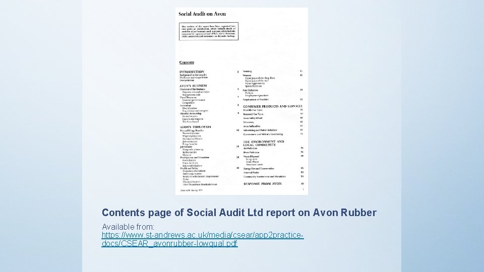 Contents page of Social Audit Ltd report on Avon Rubber Available from: https: //www.