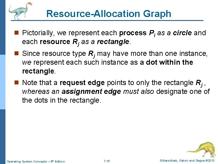 Resource-Allocation Graph n Pictorially, we represent each process Pi as a circle and each Resource-Allocation Graph n Pictorially, we represent each process Pi as a circle and each