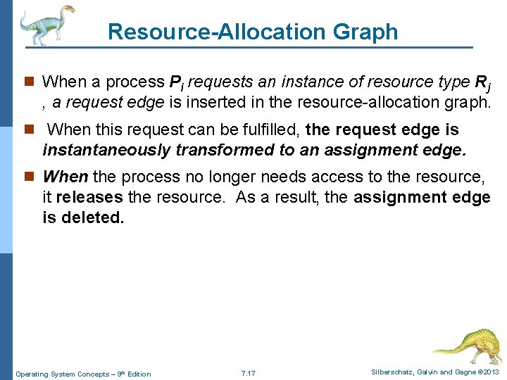 Resource-Allocation Graph n When a process Pi requests an instance of resource type Rj Resource-Allocation Graph n When a process Pi requests an instance of resource type Rj