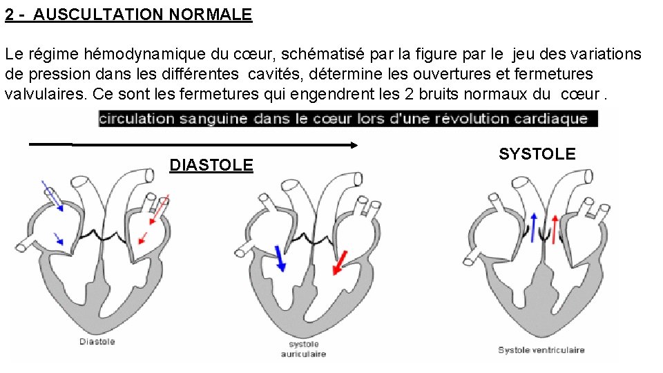 2 - AUSCULTATION NORMALE Le régime hémodynamique du cœur, schématisé par la figure par