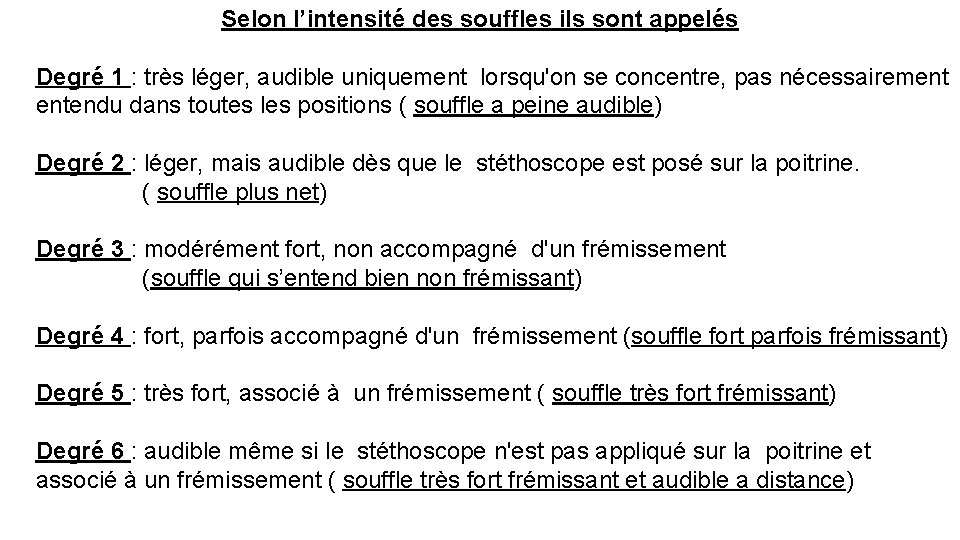 Selon l’intensité des souffles ils sont appelés Degré 1 : très léger, audible uniquement