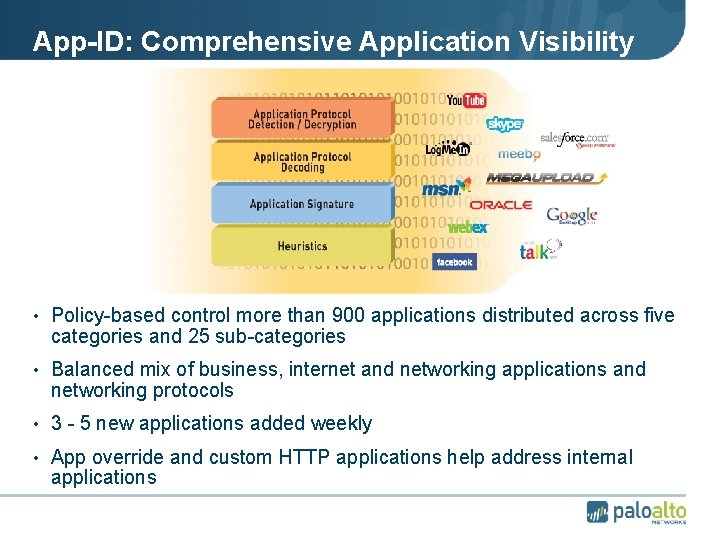 App-ID: Comprehensive Application Visibility • Policy-based control more than 900 applications distributed across five