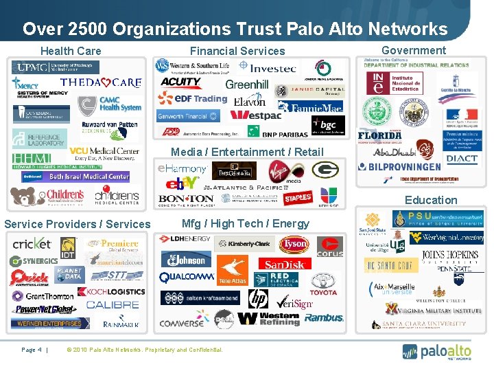 Over 2500 Organizations Trust Palo Alto Networks Health Care Financial Services Government Media /