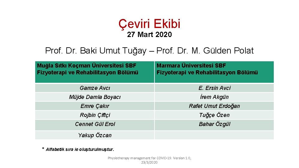 Çeviri Ekibi 27 Mart 2020 Prof. Dr. Baki Umut Tuğay – Prof. Dr. M.