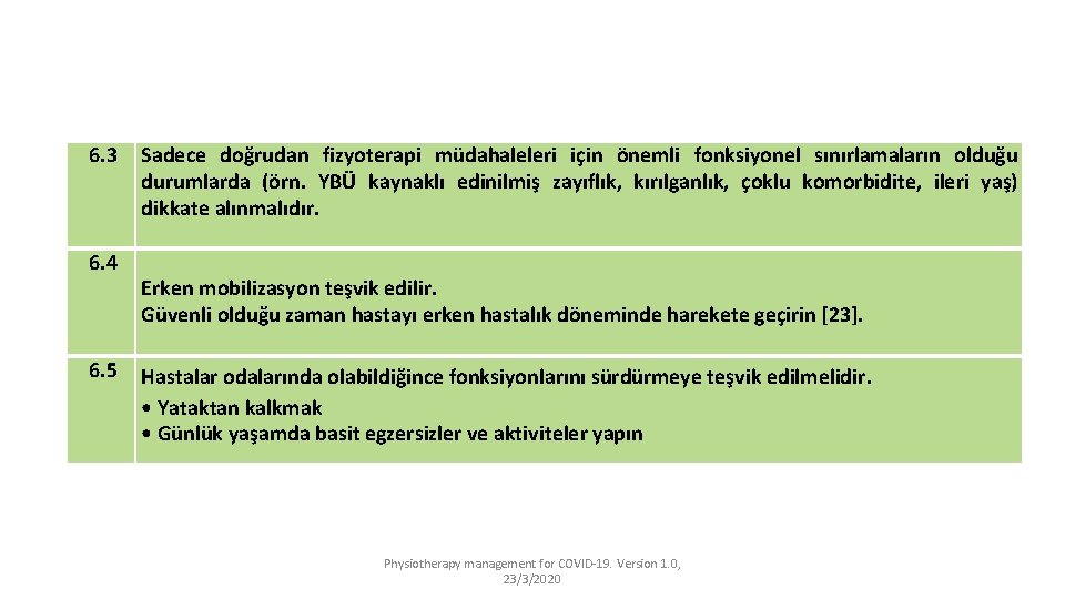 6. 3 6. 4 6. 5 Sadece doğrudan fizyoterapi müdahaleleri için önemli fonksiyonel sınırlamaların