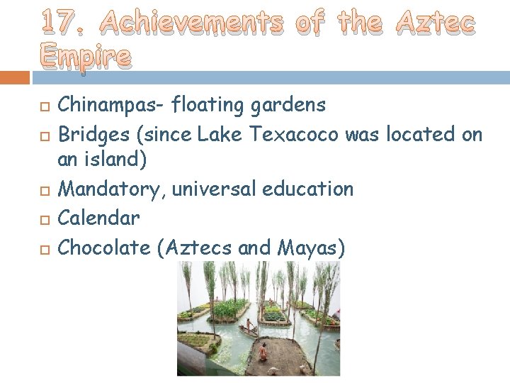 17. Achievements of the Aztec Empire Chinampas- floating gardens Bridges (since Lake Texacoco was 17. Achievements of the Aztec Empire Chinampas- floating gardens Bridges (since Lake Texacoco was