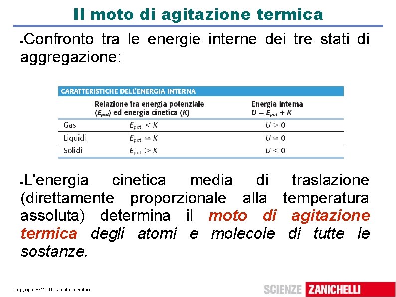 Il moto di agitazione termica Confronto tra le energie interne dei tre stati di