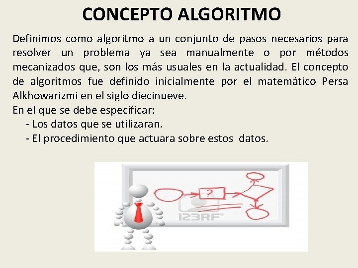 CONCEPTO ALGORITMO Definimos como algoritmo a un conjunto de pasos necesarios para resolver un