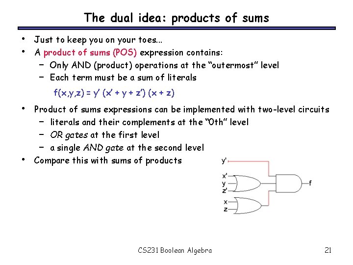 The dual idea: products of sums • • Just to keep you on your