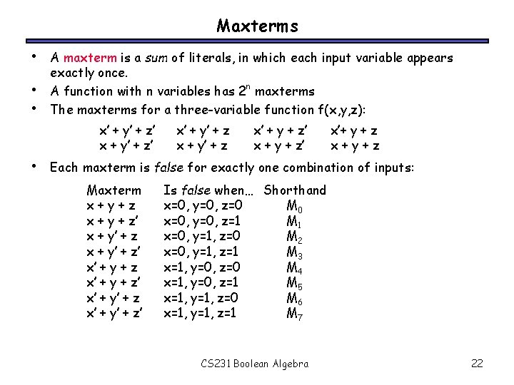 Maxterms • • • A maxterm is a sum of literals, in which each