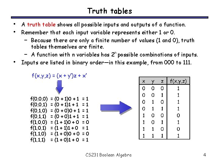 Truth tables • • • A truth table shows all possible inputs and outputs