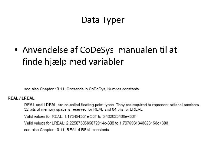 Data Typer • Anvendelse af Co. De. Sys manualen til at finde hjælp med