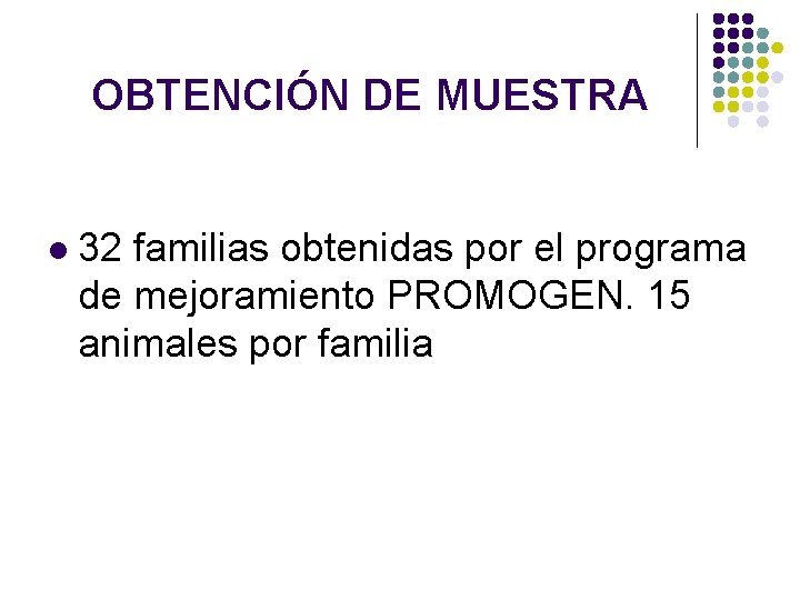 OBTENCIÓN DE MUESTRA l 32 familias obtenidas por el programa de mejoramiento PROMOGEN. 15 OBTENCIÓN DE MUESTRA l 32 familias obtenidas por el programa de mejoramiento PROMOGEN. 15
