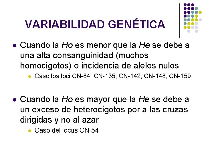 VARIABILIDAD GENÉTICA l Cuando la Ho es menor que la He se debe a VARIABILIDAD GENÉTICA l Cuando la Ho es menor que la He se debe a
