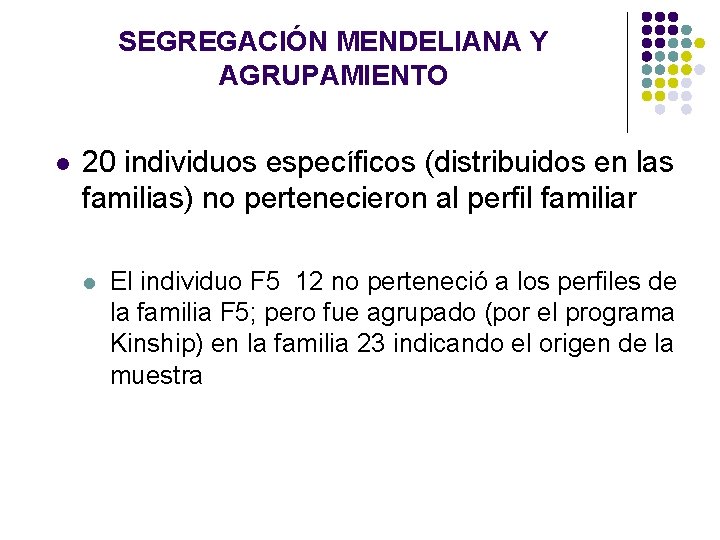 SEGREGACIÓN MENDELIANA Y AGRUPAMIENTO l 20 individuos específicos (distribuidos en las familias) no pertenecieron SEGREGACIÓN MENDELIANA Y AGRUPAMIENTO l 20 individuos específicos (distribuidos en las familias) no pertenecieron