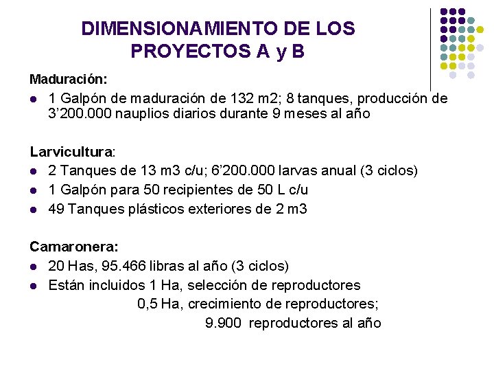 DIMENSIONAMIENTO DE LOS PROYECTOS A y B Maduración: l 1 Galpón de maduración de DIMENSIONAMIENTO DE LOS PROYECTOS A y B Maduración: l 1 Galpón de maduración de