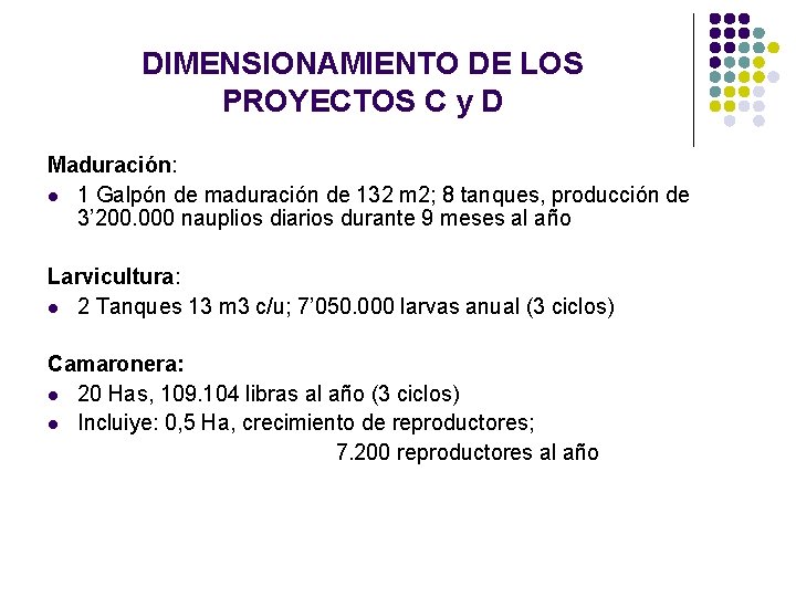 DIMENSIONAMIENTO DE LOS PROYECTOS C y D Maduración: l 1 Galpón de maduración de DIMENSIONAMIENTO DE LOS PROYECTOS C y D Maduración: l 1 Galpón de maduración de