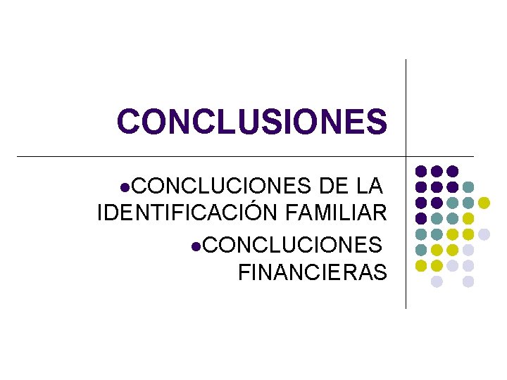 CONCLUSIONES l. CONCLUCIONES DE LA IDENTIFICACIÓN FAMILIAR l. CONCLUCIONES FINANCIERAS CONCLUSIONES l. CONCLUCIONES DE LA IDENTIFICACIÓN FAMILIAR l. CONCLUCIONES FINANCIERAS