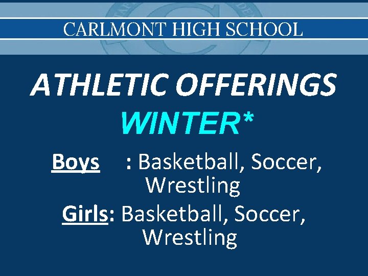 CARLMONT HIGH SCHOOL ATHLETIC OFFERINGS WINTER* Boys : Basketball, Soccer, Wrestling Girls: Basketball, Soccer,