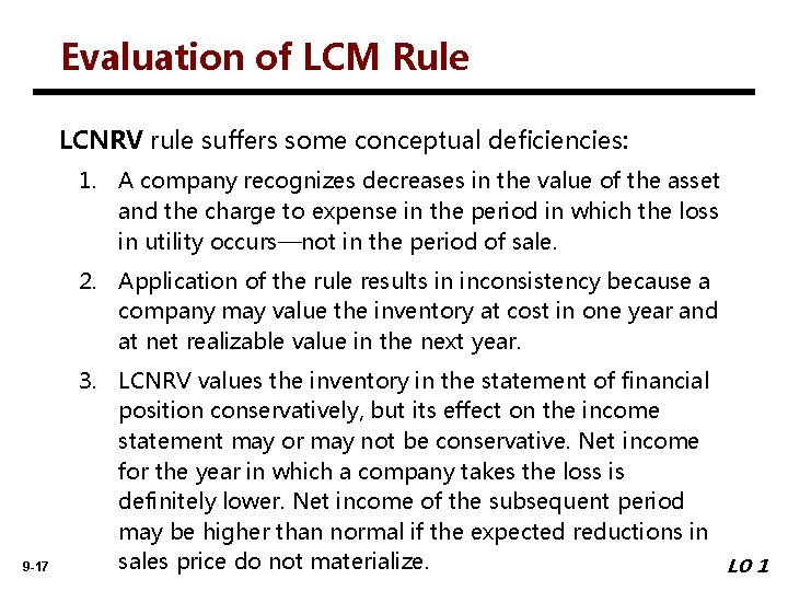 Evaluation of LCM Rule LCNRV rule suffers some conceptual deficiencies: 1. A company recognizes