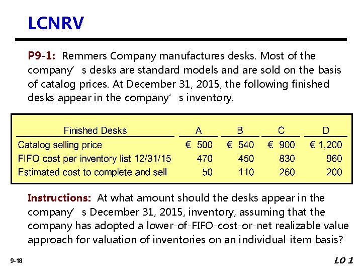 LCNRV P 9 -1: Remmers Company manufactures desks. Most of the company’s desks are