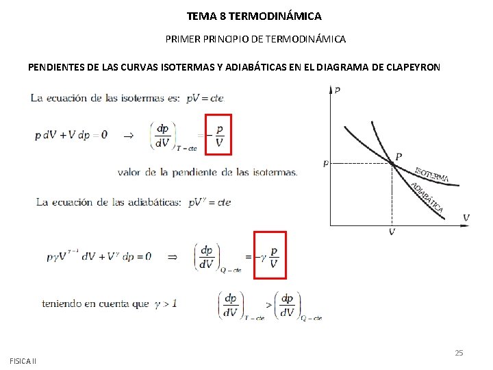 TEMA 8 TERMODINÁMICA PRIMER PRINCIPIO DE TERMODINÁMICA PENDIENTES DE LAS CURVAS ISOTERMAS Y ADIABÁTICAS TEMA 8 TERMODINÁMICA PRIMER PRINCIPIO DE TERMODINÁMICA PENDIENTES DE LAS CURVAS ISOTERMAS Y ADIABÁTICAS