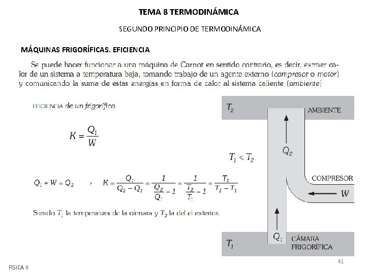 TEMA 8 TERMODINÁMICA SEGUNDO PRINCIPIO DE TERMODINÁMICA MÁQUINAS FRIGORÍFICAS. EFICIENCIA FISICA II 41 TEMA 8 TERMODINÁMICA SEGUNDO PRINCIPIO DE TERMODINÁMICA MÁQUINAS FRIGORÍFICAS. EFICIENCIA FISICA II 41