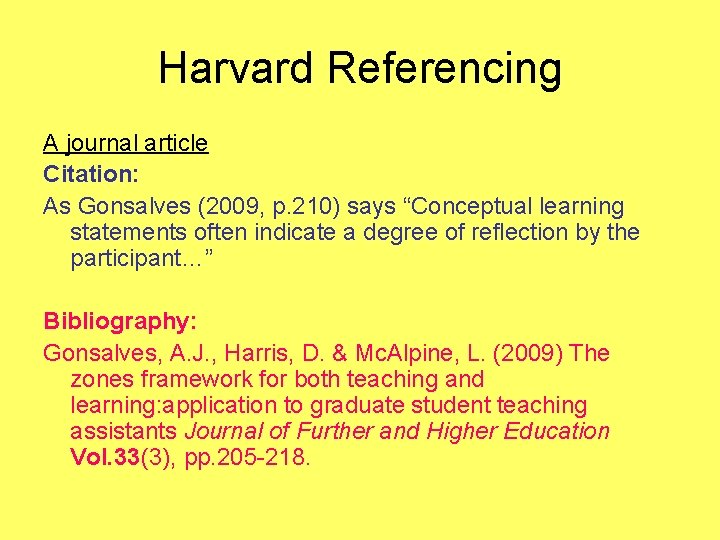 Harvard Referencing A journal article Citation: As Gonsalves (2009, p. 210) says “Conceptual learning