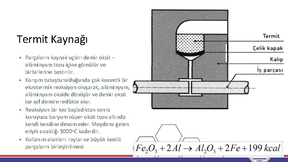 Termit Kaynağı • Parçaların kaynak uçları demir oksit – alüminyum tozu içine gömülür ve Termit Kaynağı • Parçaların kaynak uçları demir oksit – alüminyum tozu içine gömülür ve