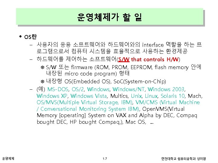 운영체제가 할 일 • OS란 – 사용자의 응용 소프트웨어와 하드웨어와의 interface 역할을 하는 프