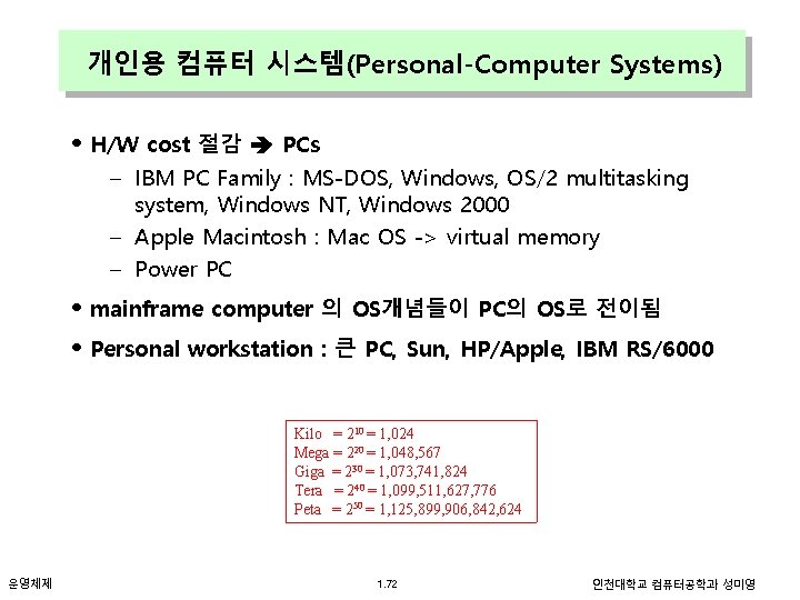 개인용 컴퓨터 시스템(Personal-Computer Systems) • H/W cost 절감 PCs – IBM PC Family :