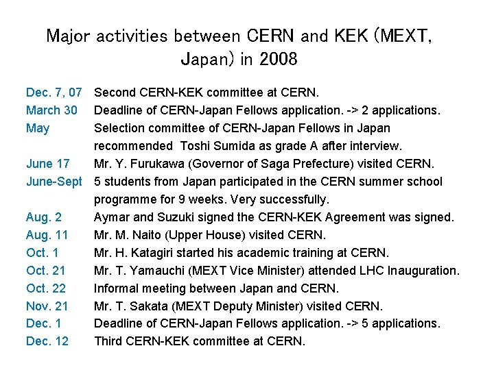 Major activities between CERN and KEK (MEXT, Japan) in 2008 Dec. 7, 07 Second