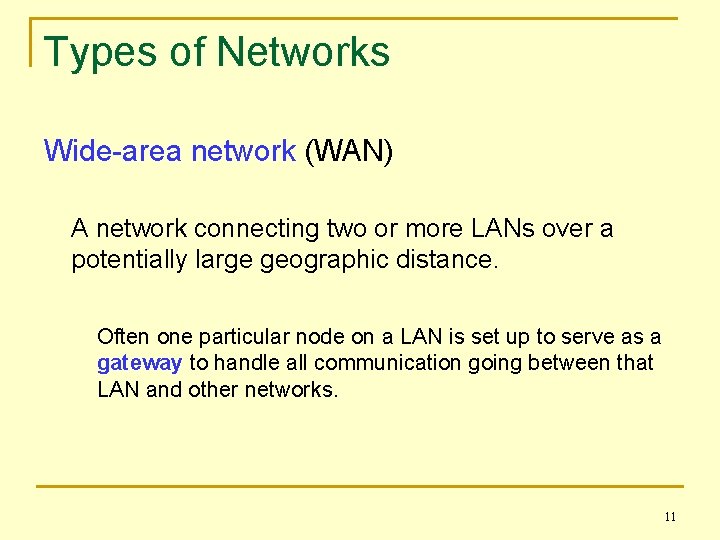 Types of Networks Wide-area network (WAN) A network connecting two or more LANs over