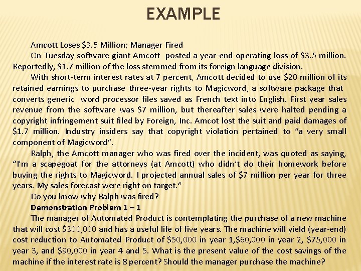 EXAMPLE Amcott Loses $3. 5 Million; Manager Fired On Tuesday software giant Amcott posted