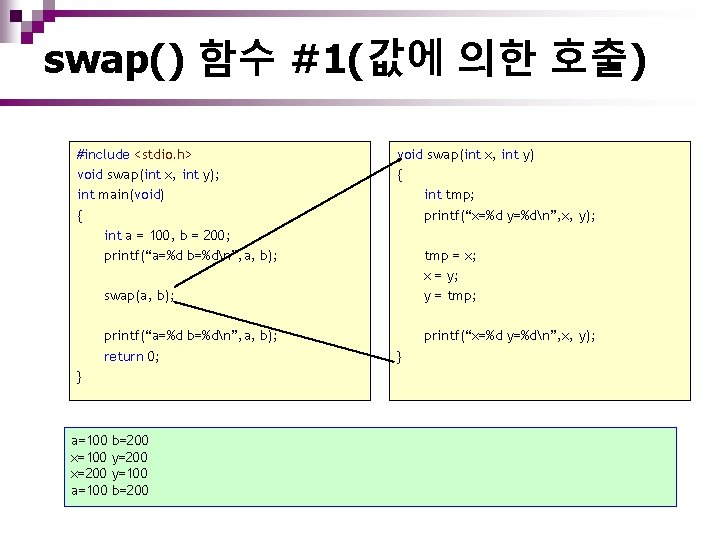 swap() 함수 #1(값에 의한 호출) #include <stdio. h> void swap(int x, int y); int