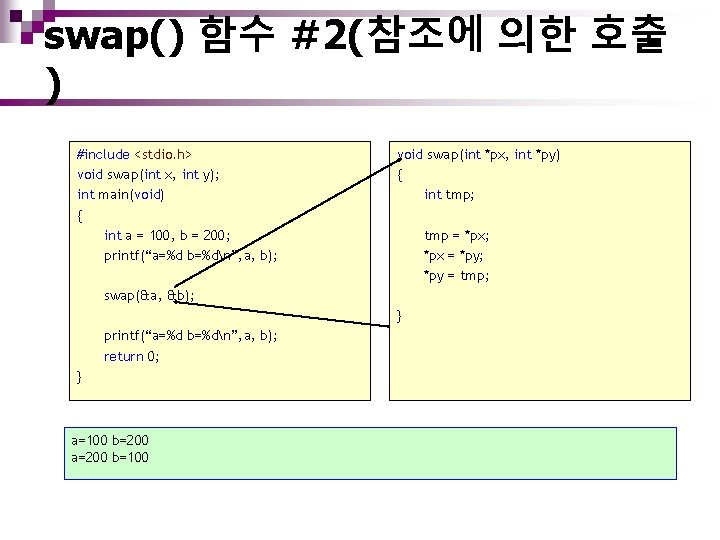 swap() 함수 #2(참조에 의한 호출 ) #include <stdio. h> void swap(int x, int y);