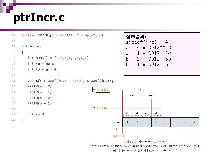 ptr. Incr. c 실행결과: sizeof(int) = 4 a + 0 = 0012 FF 58