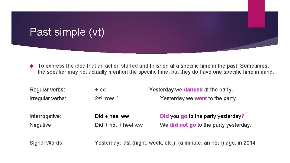 Past simple (vt) To express the idea that an action started and finished at