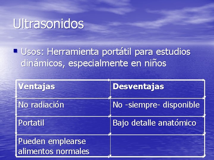 Ultrasonidos § Usos: Herramienta portátil para estudios dinámicos, especialmente en niños Ventajas Desventajas No Ultrasonidos § Usos: Herramienta portátil para estudios dinámicos, especialmente en niños Ventajas Desventajas No