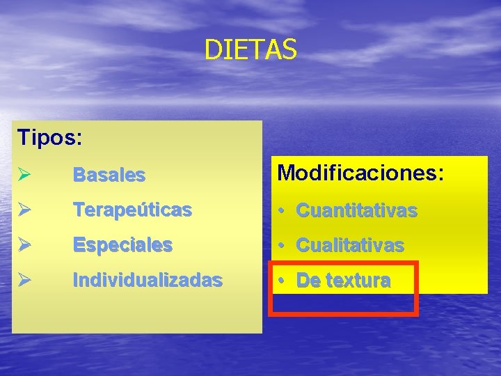 DIETAS Tipos: Ø Basales Modificaciones: Ø Terapeúticas • Cuantitativas Ø Especiales • Cualitativas Ø DIETAS Tipos: Ø Basales Modificaciones: Ø Terapeúticas • Cuantitativas Ø Especiales • Cualitativas Ø