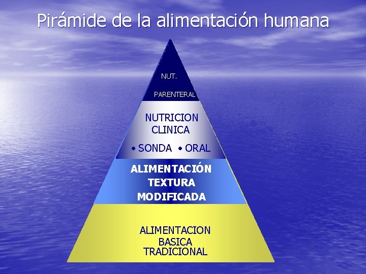 Pirámide de la alimentación humana NUT. PARENTERAL NUTRICION CLINICA • SONDA • ORAL ALIMENTACIÓN Pirámide de la alimentación humana NUT. PARENTERAL NUTRICION CLINICA • SONDA • ORAL ALIMENTACIÓN