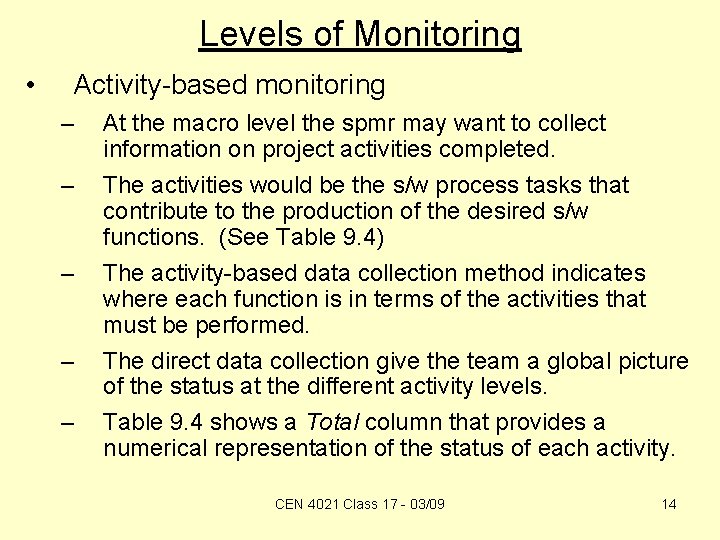 Levels of Monitoring • Activity-based monitoring – – – At the macro level the
