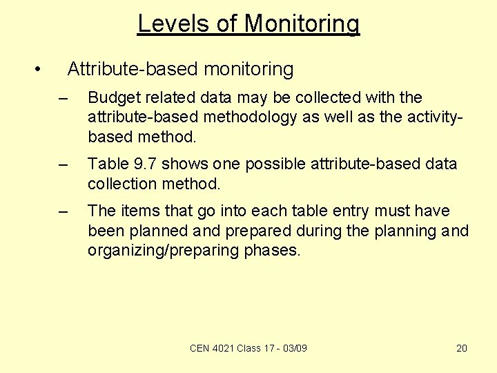 Levels of Monitoring • Attribute-based monitoring – Budget related data may be collected with