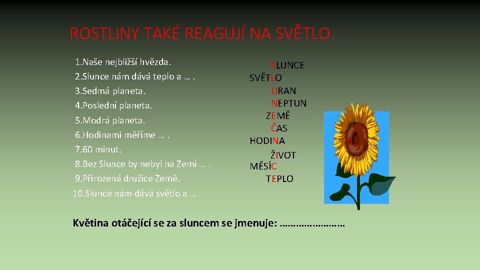 ROSTLINY TAKÉ REAGUJÍ NA SVĚTLO. 1. Naše nejbližší hvězda. 2. Slunce nám dává teplo