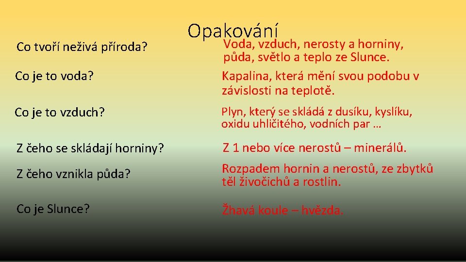 Co tvoří neživá příroda? Co je to voda? Opakování Voda, vzduch, nerosty a horniny,