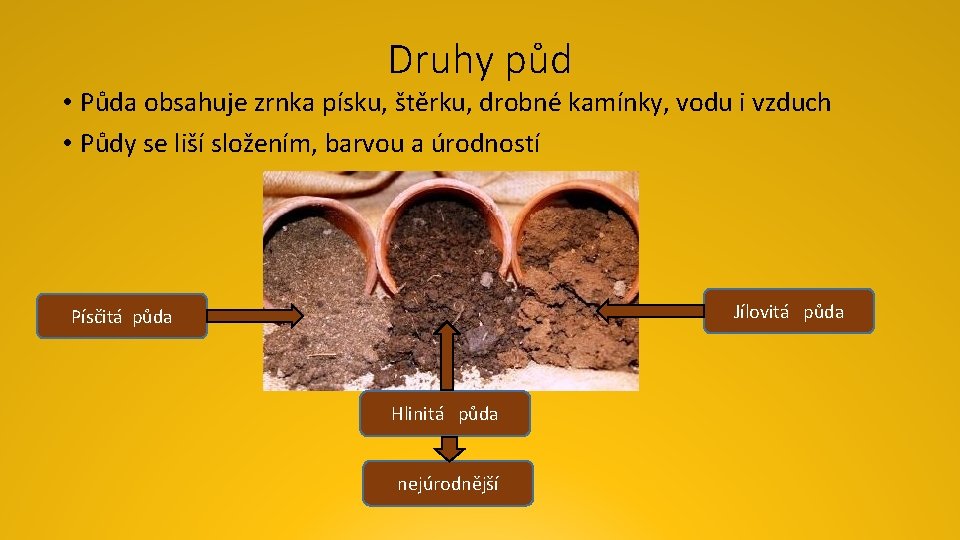 Druhy půd • Půda obsahuje zrnka písku, štěrku, drobné kamínky, vodu i vzduch •