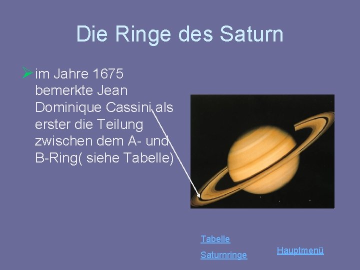 Die Ringe des Saturn Ø im Jahre 1675 bemerkte Jean Dominique Cassini als erster