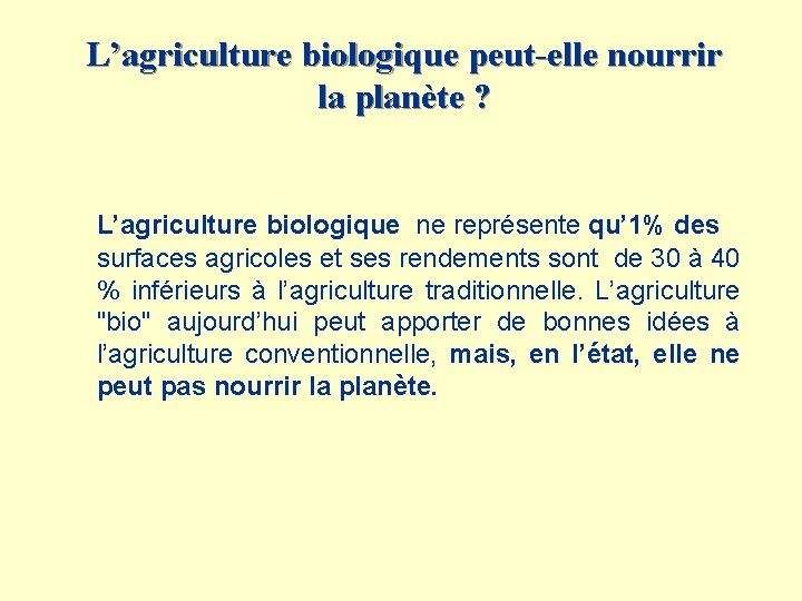 L’agriculture biologique peut-elle nourrir la planète ? L’agriculture biologique ne représente qu’ 1% des