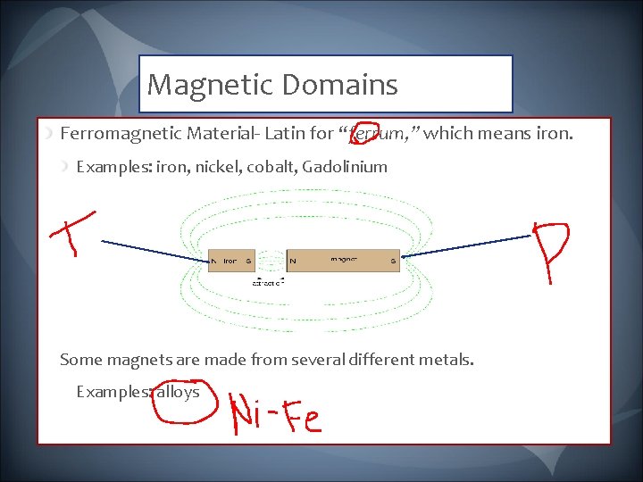 Magnetic Domains Ferromagnetic Material- Latin for “ferrum, ” which means iron. Examples: iron, nickel,