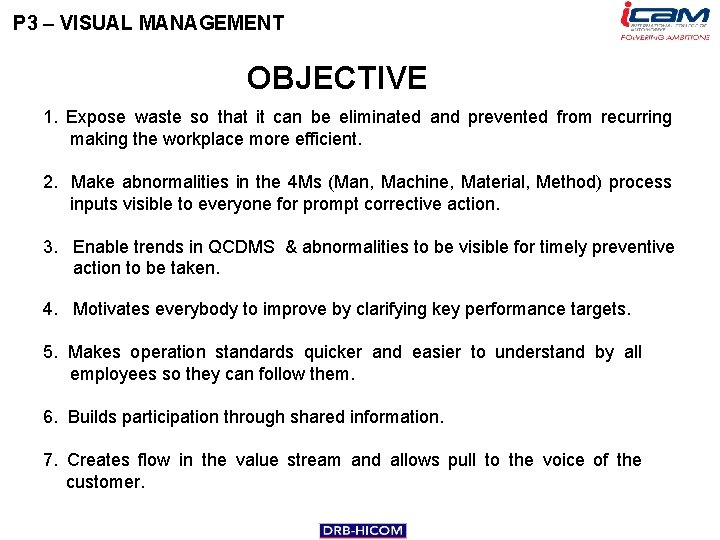 P 3 – VISUAL MANAGEMENT OBJECTIVE 1. Expose waste so that it can be